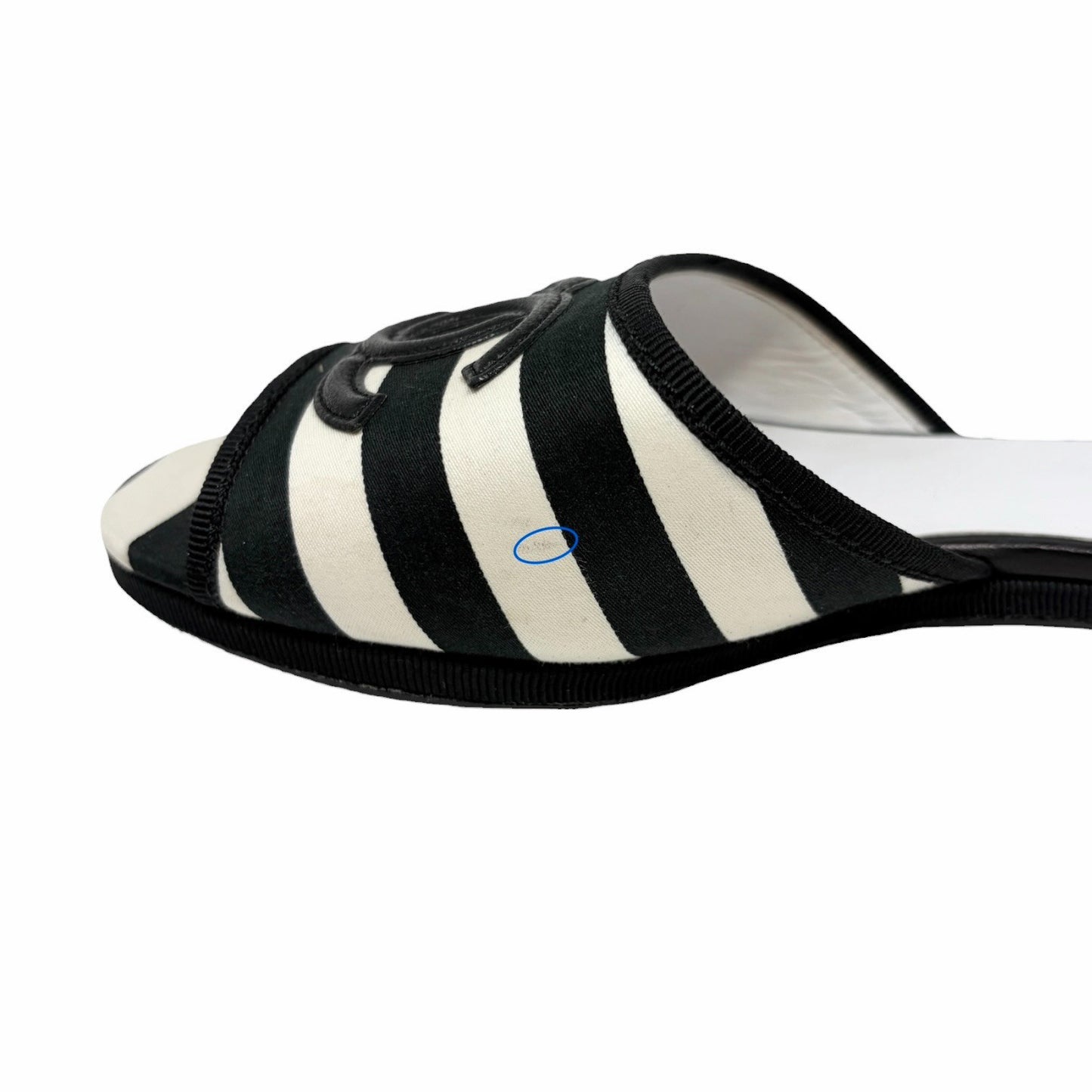 CHANEL Vintage CC Stripe Flat Slide Sandals #37 Black Cotton Leather 902236