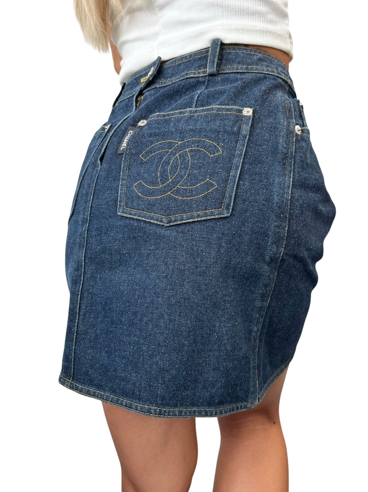 CHANEL Vintage 96P CC Mark Logo Denim Skirt #36 Dark Blue Yellow Cotton