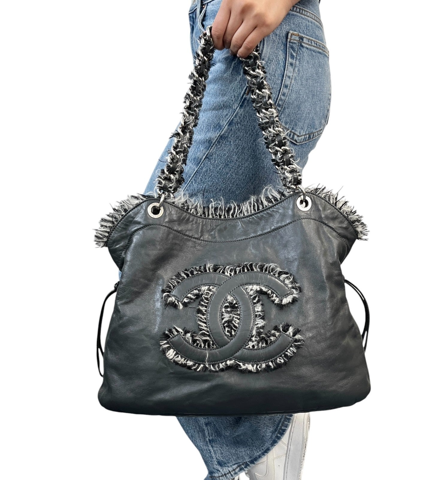 CHANEL Vintage CC Big Logo Funny Tweed Bon Bon Lambskin Shoulder Bag Gray Chain