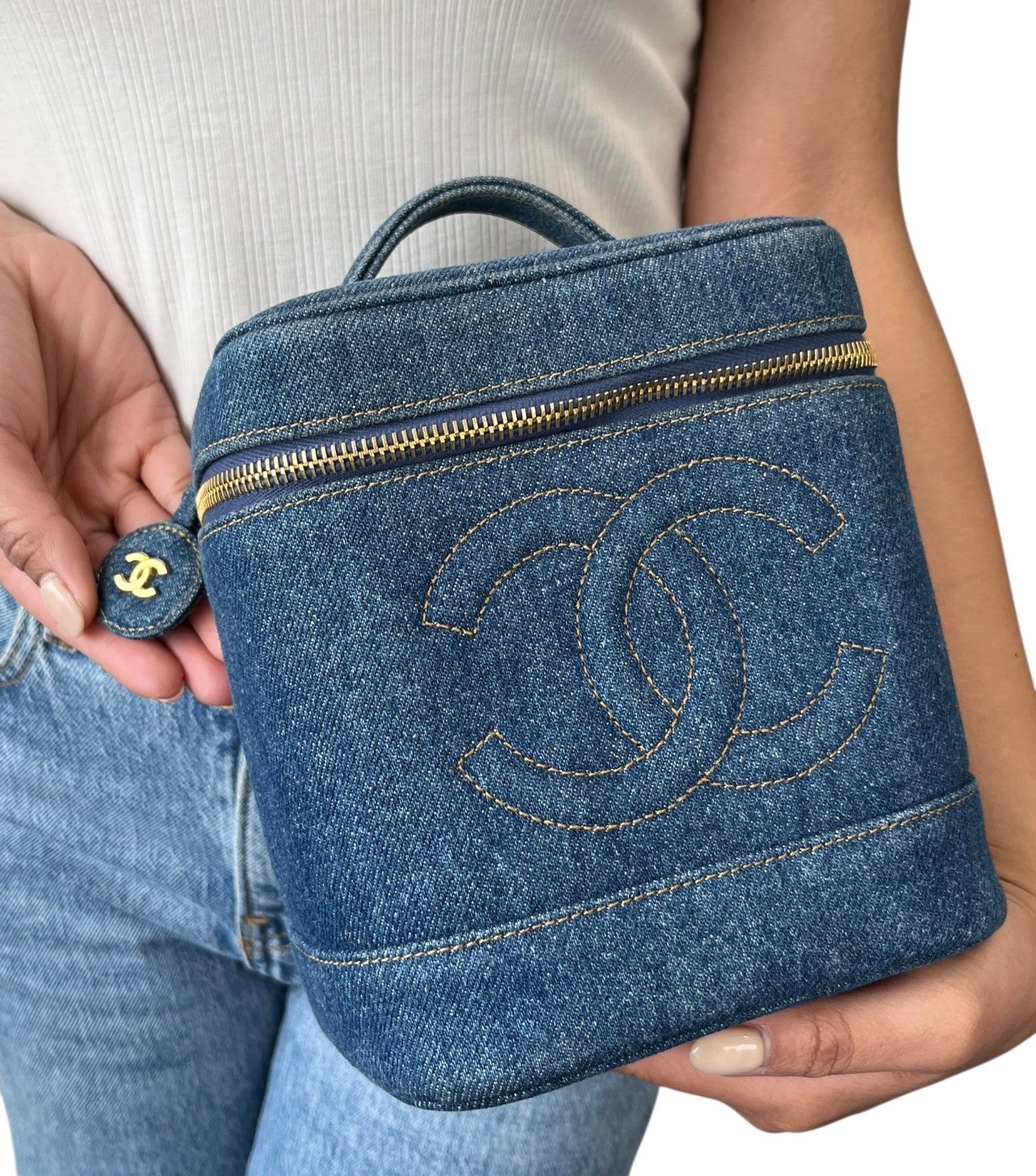 CHANEL Vintage CC Logo Denim Timeless Vanity Bag Handbag Blue Gold Cotton 902240