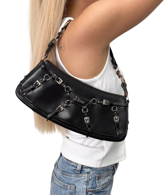 Christian Dior Vintage Logo 2003 Bondage Shoulder Bag Black Silver 901852