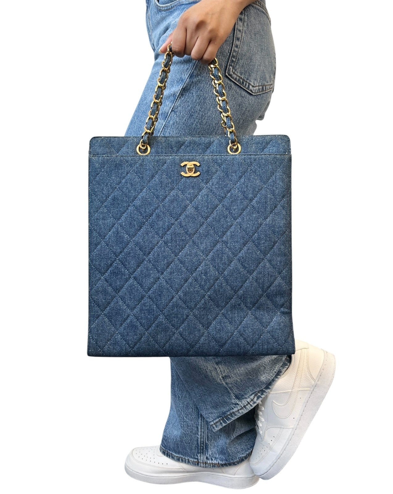 CHANEL Vintage CC Mark Logo Matelasse Denim Shoulder Bag Chain Blue Gold Cotton