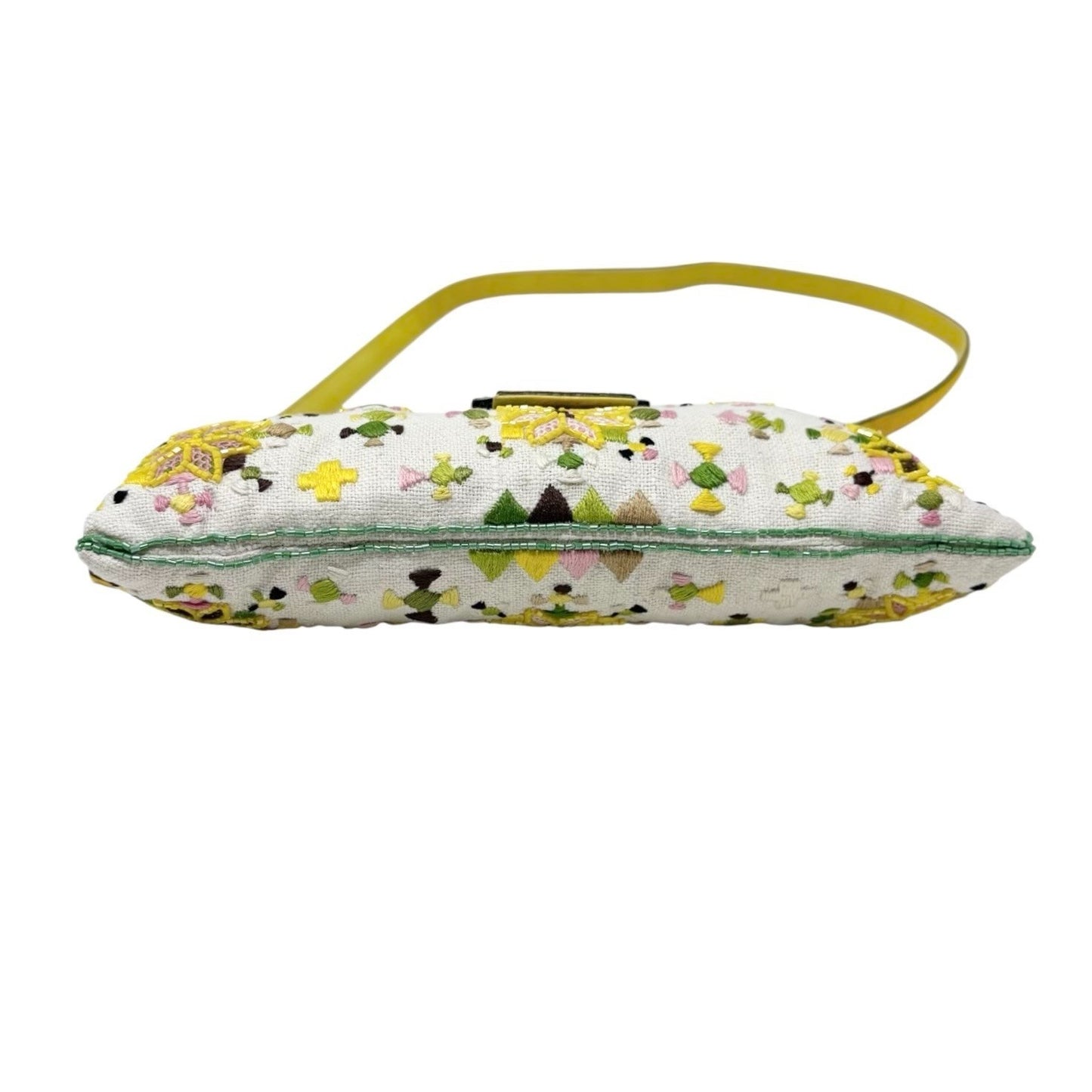 FENDI Vintage FF Beads Mamma Baguette Crossbody Bag Flower Embroidery Yellow
