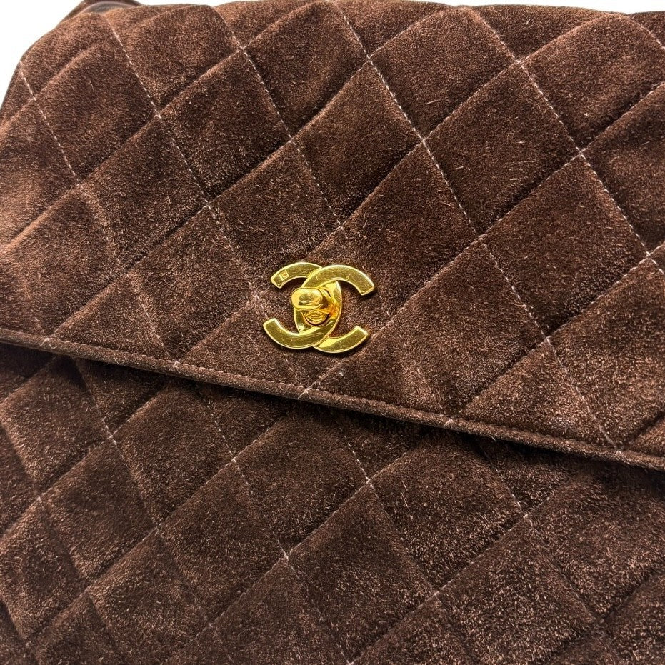 CHANEL Vintage CC Logo Turnlock Quilted Shoulder Bag Brown Gold Suede 901892