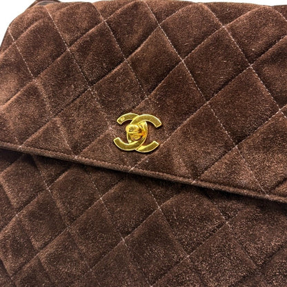 CHANEL Vintage CC Logo Turnlock Quilted Shoulder Bag Brown Gold Suede 901892