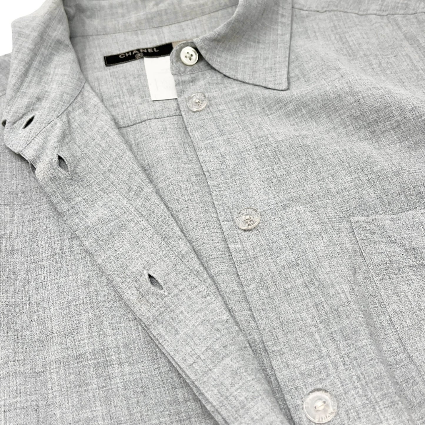 CHANEL Vintage 99P CC Logo Button Up Shirt #42 Blouse Top Pocket Gray Rayon