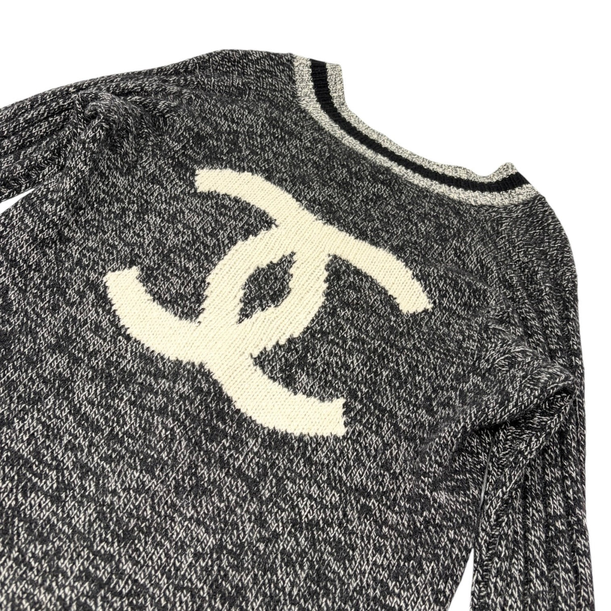 CHANEL Vintage 96A Big CC Logo Knit Cashmere Sweater Top #42 Gray Black 902394