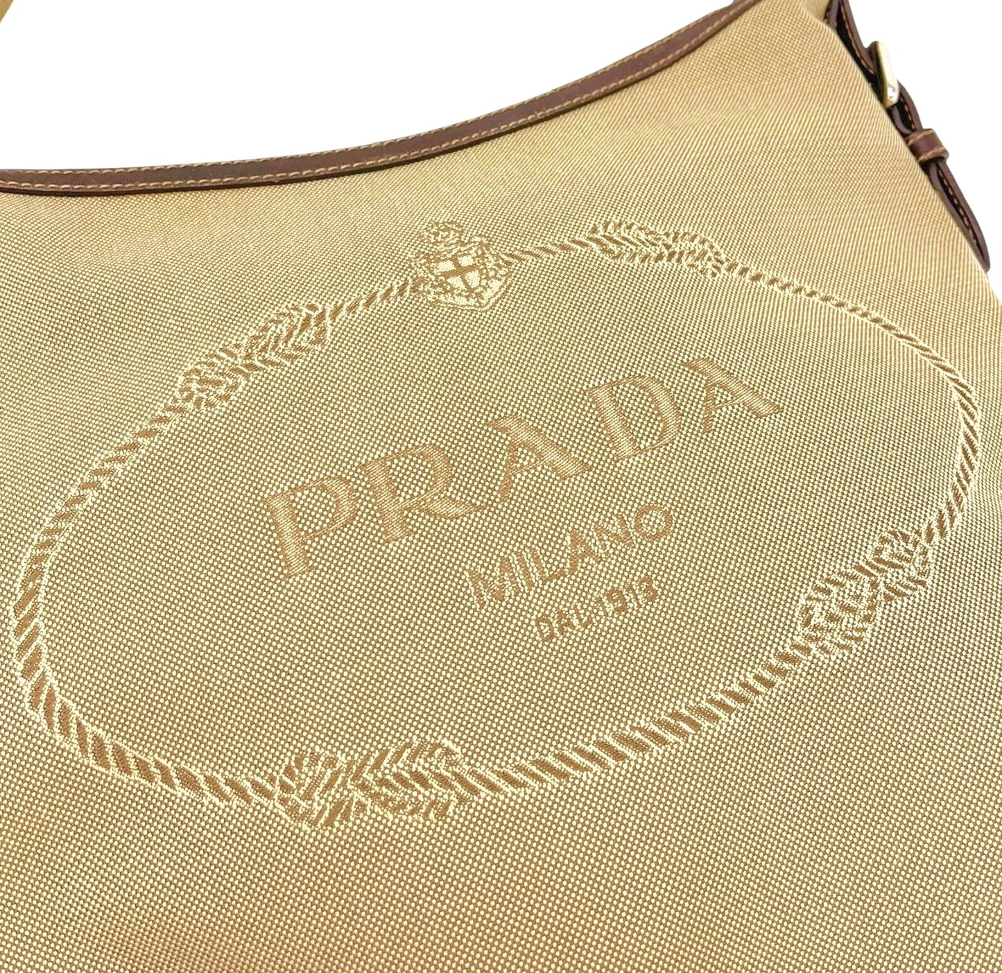 PRADA Vintage Logo Crossbody Shoulder Bag Zip Beige Brown Silver Canvas Leather