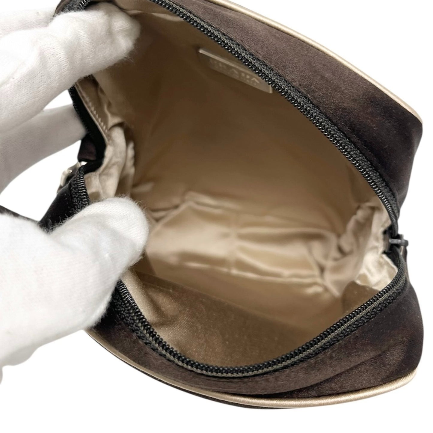 PRADA Vintage Triangle Logo Satin Wristlet Clutch Bag Brown Beige Pouch