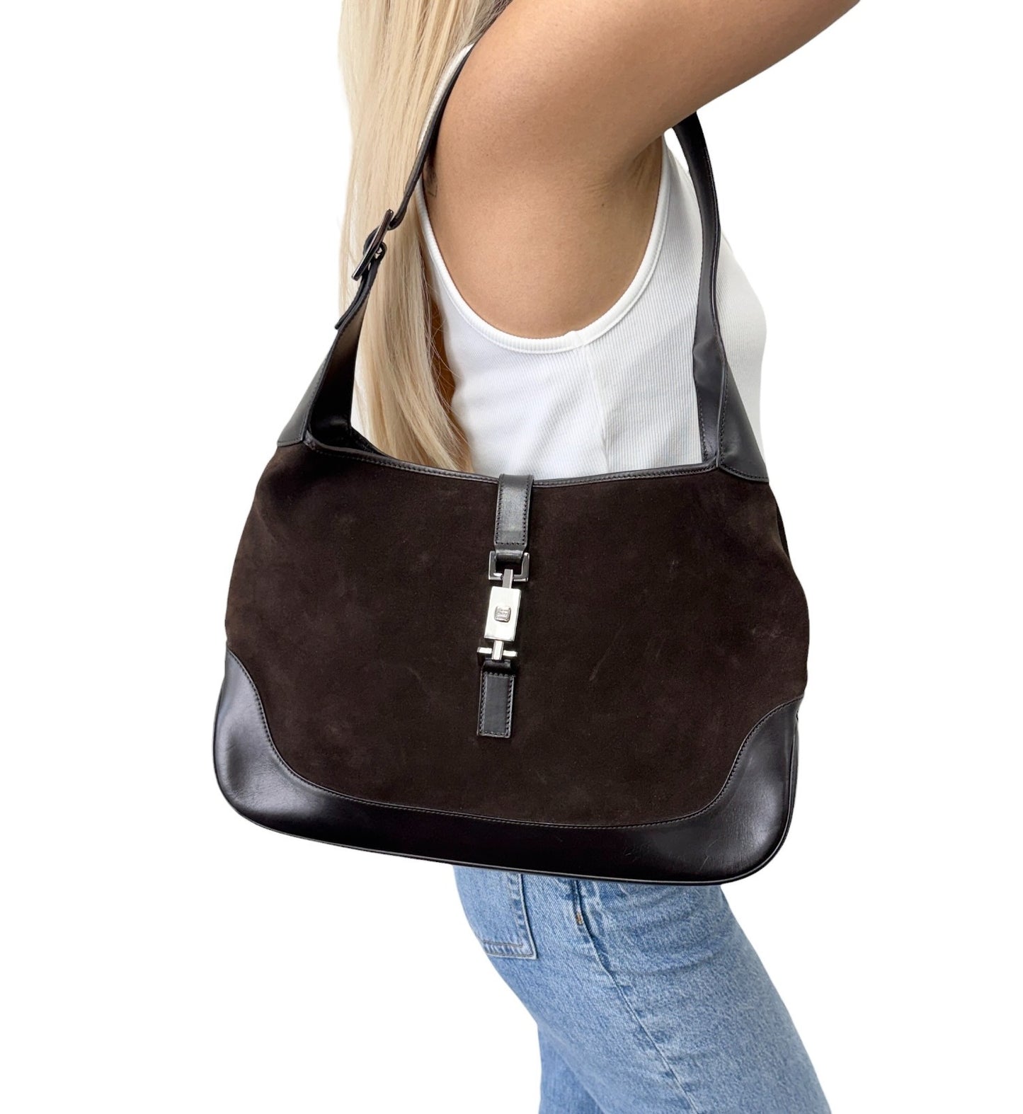 GUCCI Vintage Logo Jackie Shoulder Bag Handbag Brown Black Suede 902432