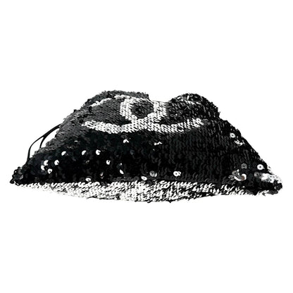 CHANEL Vintage CC Logo Sequins Chain Shoulder Bag Black Silver Leather 902342