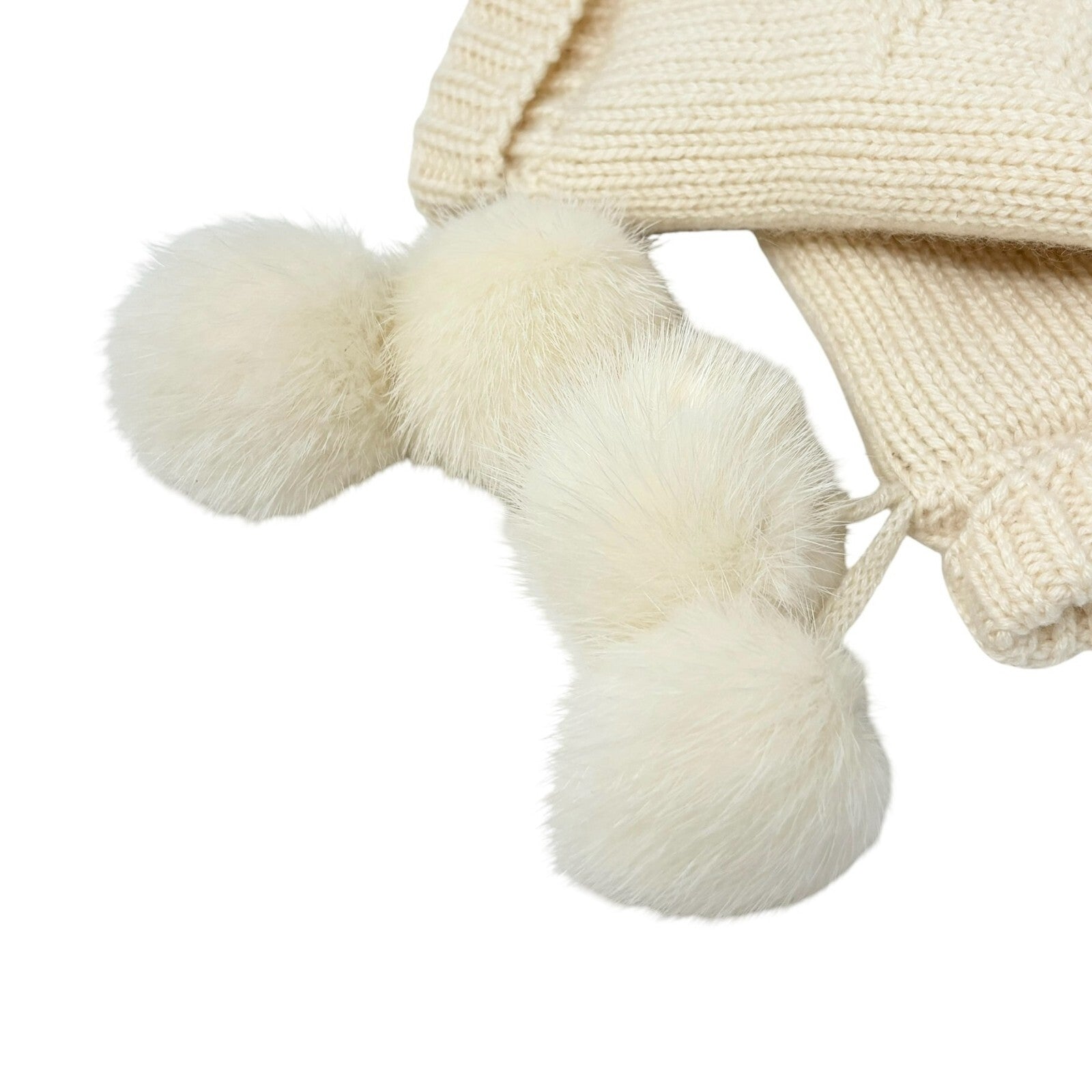 LOUIS VUITTON Vintage LV Logo Knit Gloves Mink Pompons Cream Cashmere