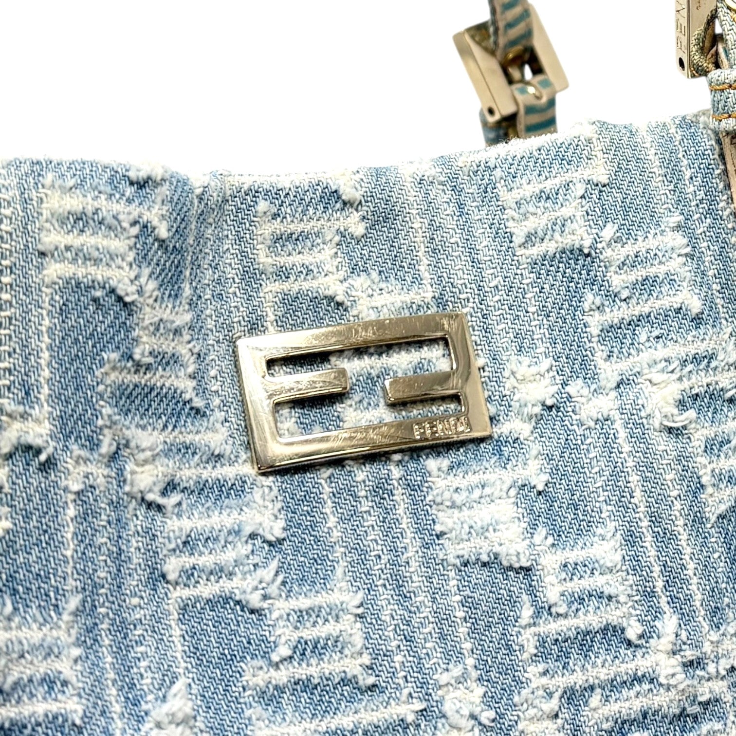 FENDI Vintage Zucca Monogram Denim Shoulder Tote Large Bag Blue FF Logo