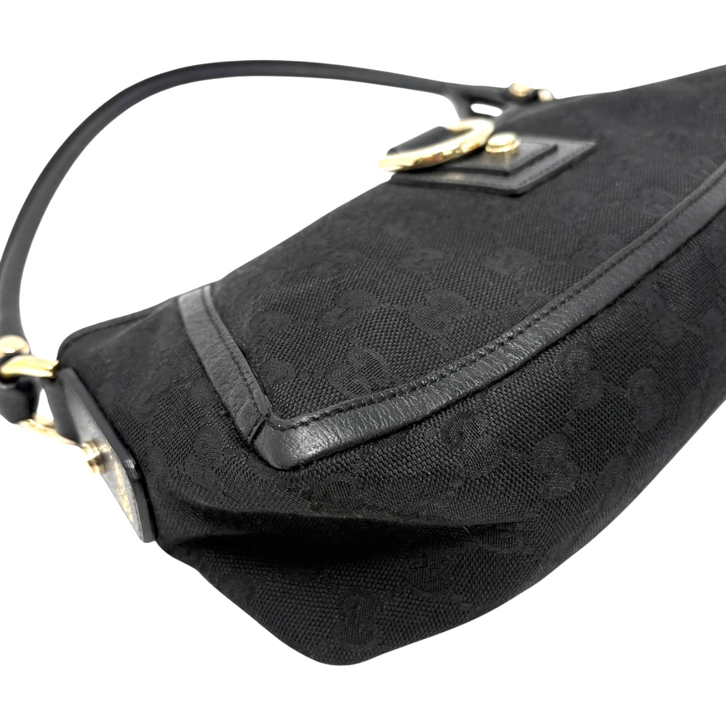 GUCCI Vintage GG Monogram Logo Abbey Shoulder Bag Zip Black Gold Canvas Leather