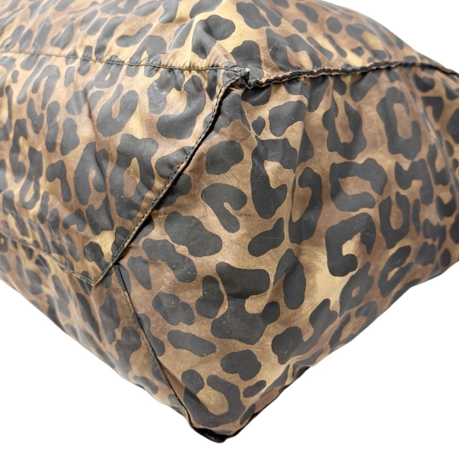 PRADA Vintage Logo Leopard Tote Shoulder Bag Khaki Black Silver Nylon Leather