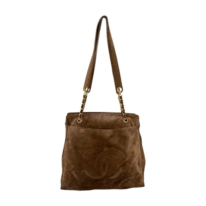 CHANEL Vintage Stitch CC Logo Suede Chain Tote Shoulder Bag Brown 902376