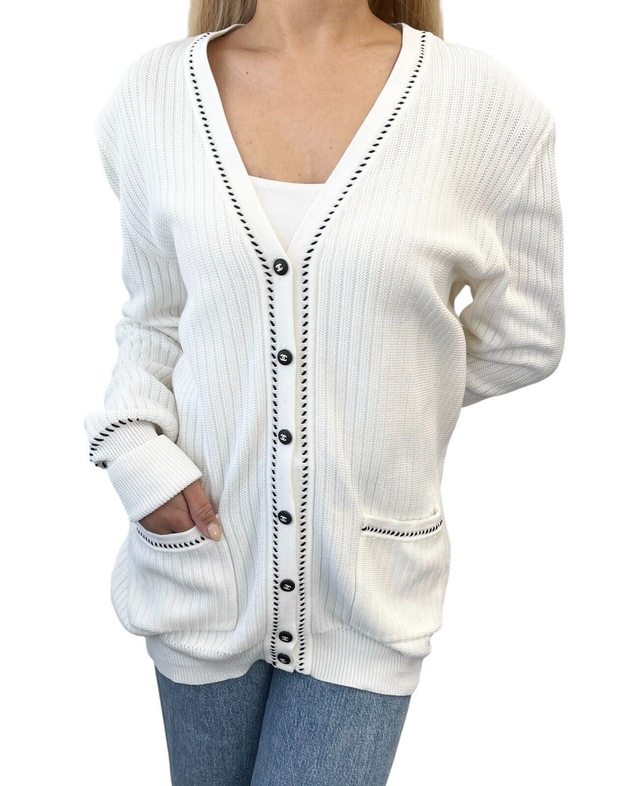 CHANEL Vintage 96P CC Logo Cardigan Sweater Top #42 Button White Black Cotton