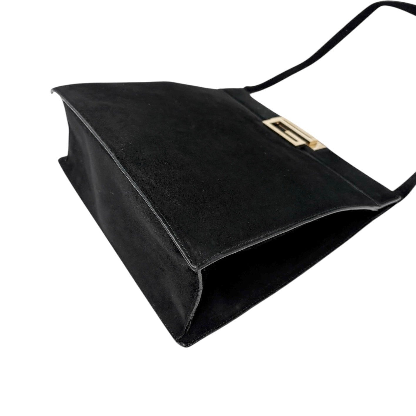 GUCCI Vintage G Square Logo Shoulder Bag Handbag Black Gold Suede Leather