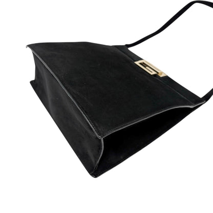 GUCCI Vintage G Square Logo Shoulder Bag Handbag Black Gold Suede Leather