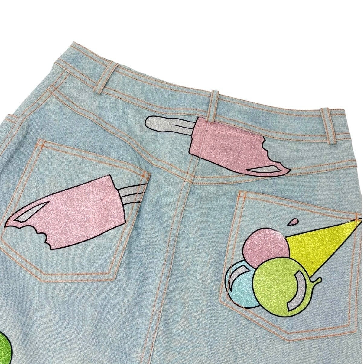 Christian Dior Vintage 2002 Glitter Denim Skirt Ice Cream Print #38 Blue Cotton