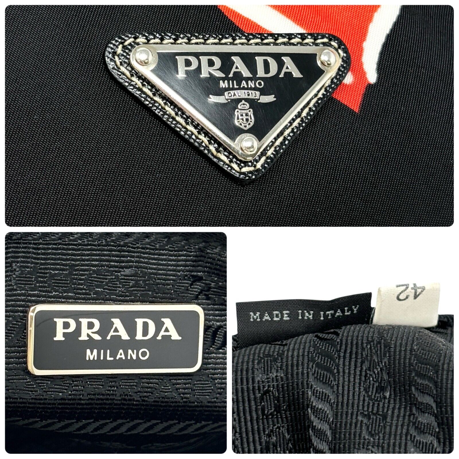 PRADA Vintage Logo Heart Pattern Shoulder Bag Pochette Black Red Nylon