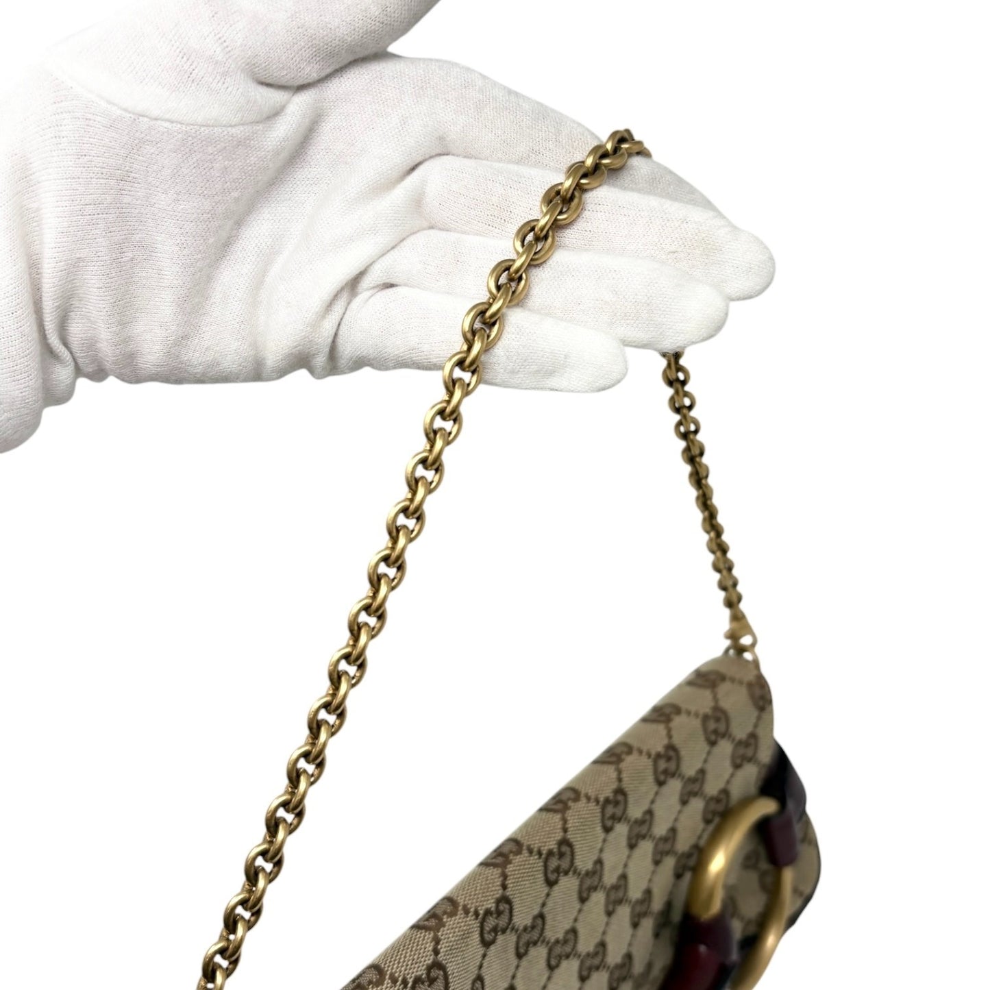 GUCCI Vintage Horsebit GG Monogram Chain Shoulder Bag Studs Beige 901830