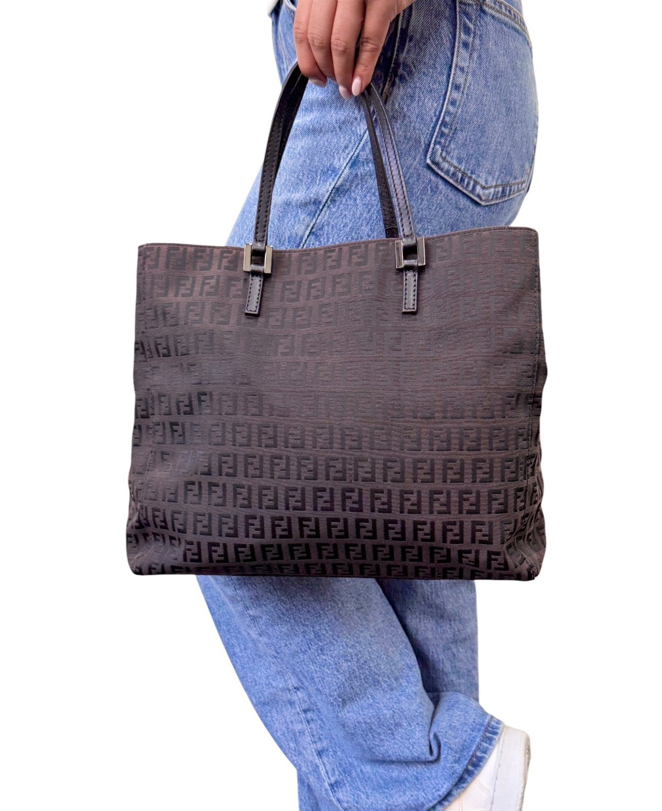 FENDI Vintage FF Logo Zucchino Monogram Tote Hand Bag Brown Black 902444