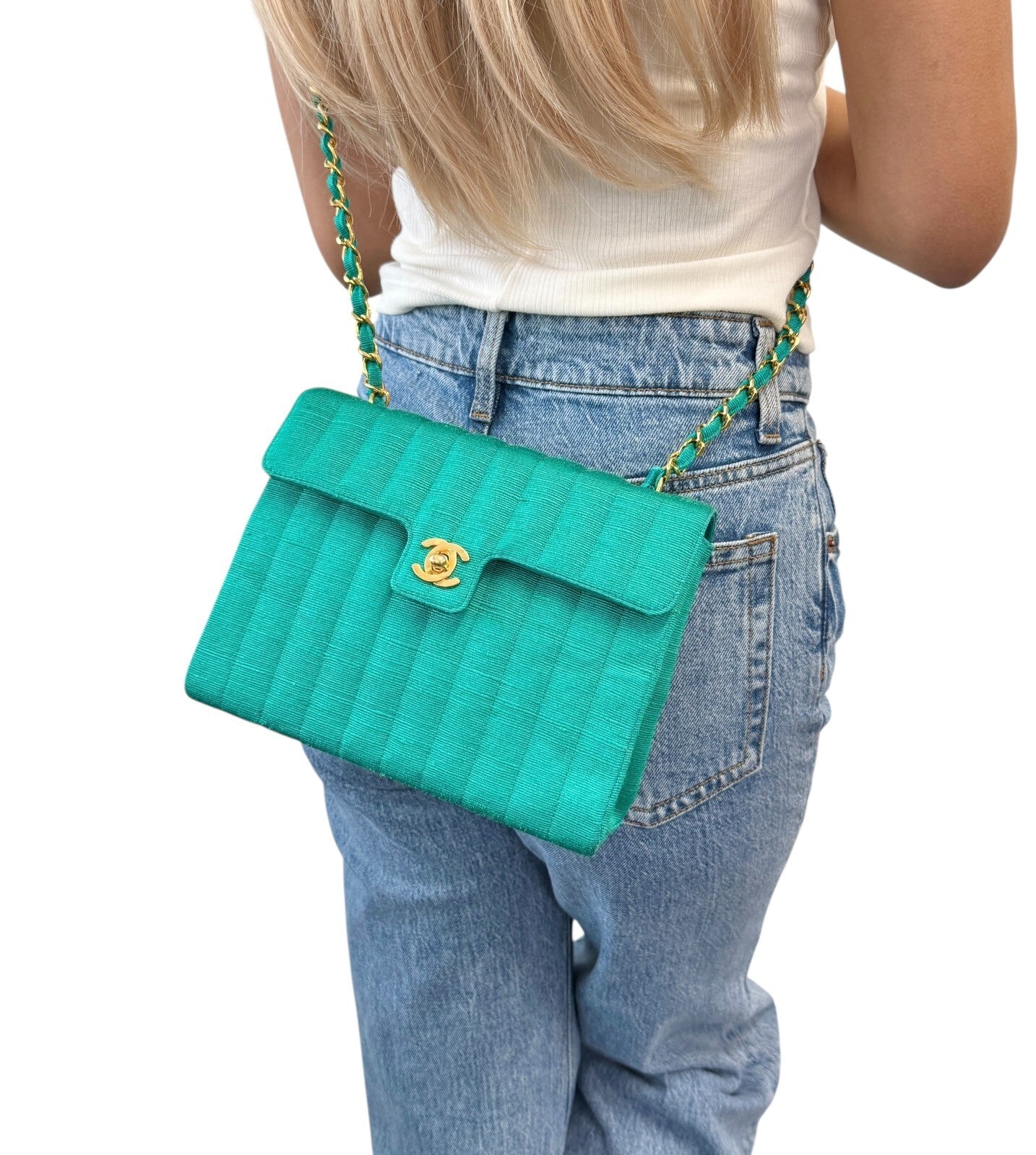 CHANEL Vintage CC Mark Logo Crossbody Shoulder Flap Bag Chain Green Gold Cotton