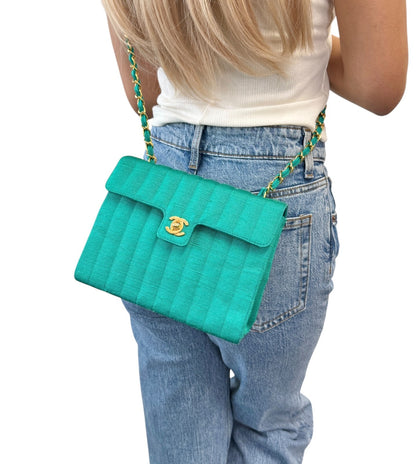 CHANEL Vintage CC Mark Logo Crossbody Shoulder Flap Bag Chain Green Gold Cotton