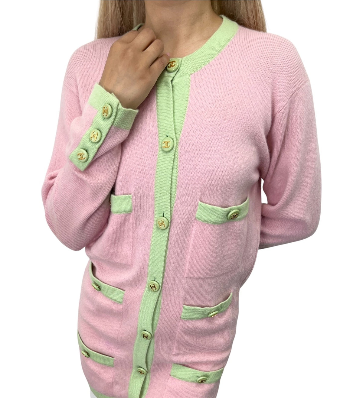CHANEL Vintage CC Logo Cashmere Knit Long Cardigan Top Pink Green 902471