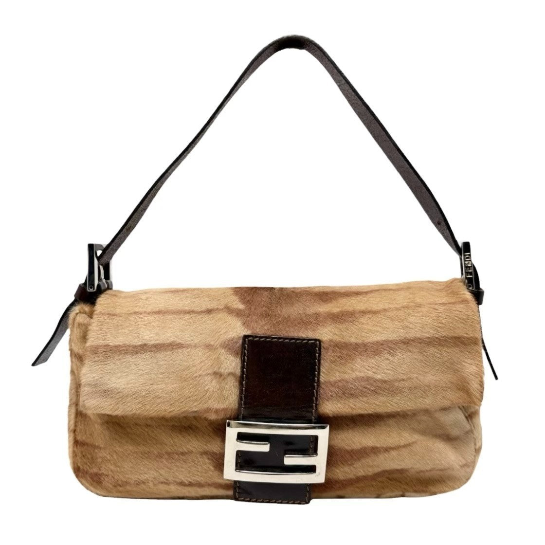 FENDI Vintage Mamma Baguette Pony Calf Hair Shoulder Bag Brown Beige 901889