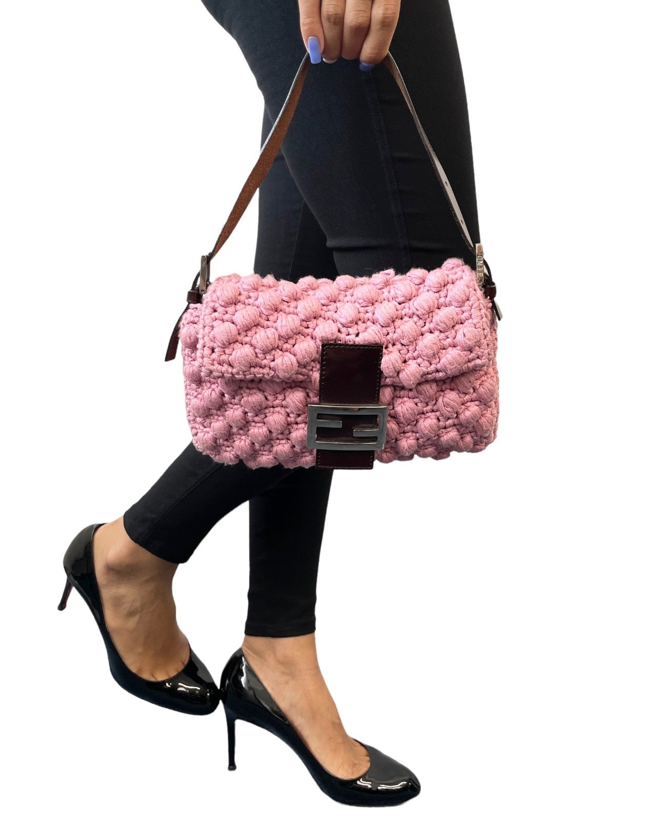 FENDI Vintage FF Logo Crochet Mamma Baguette Shoulder Bag Knit Pink Brown Wool