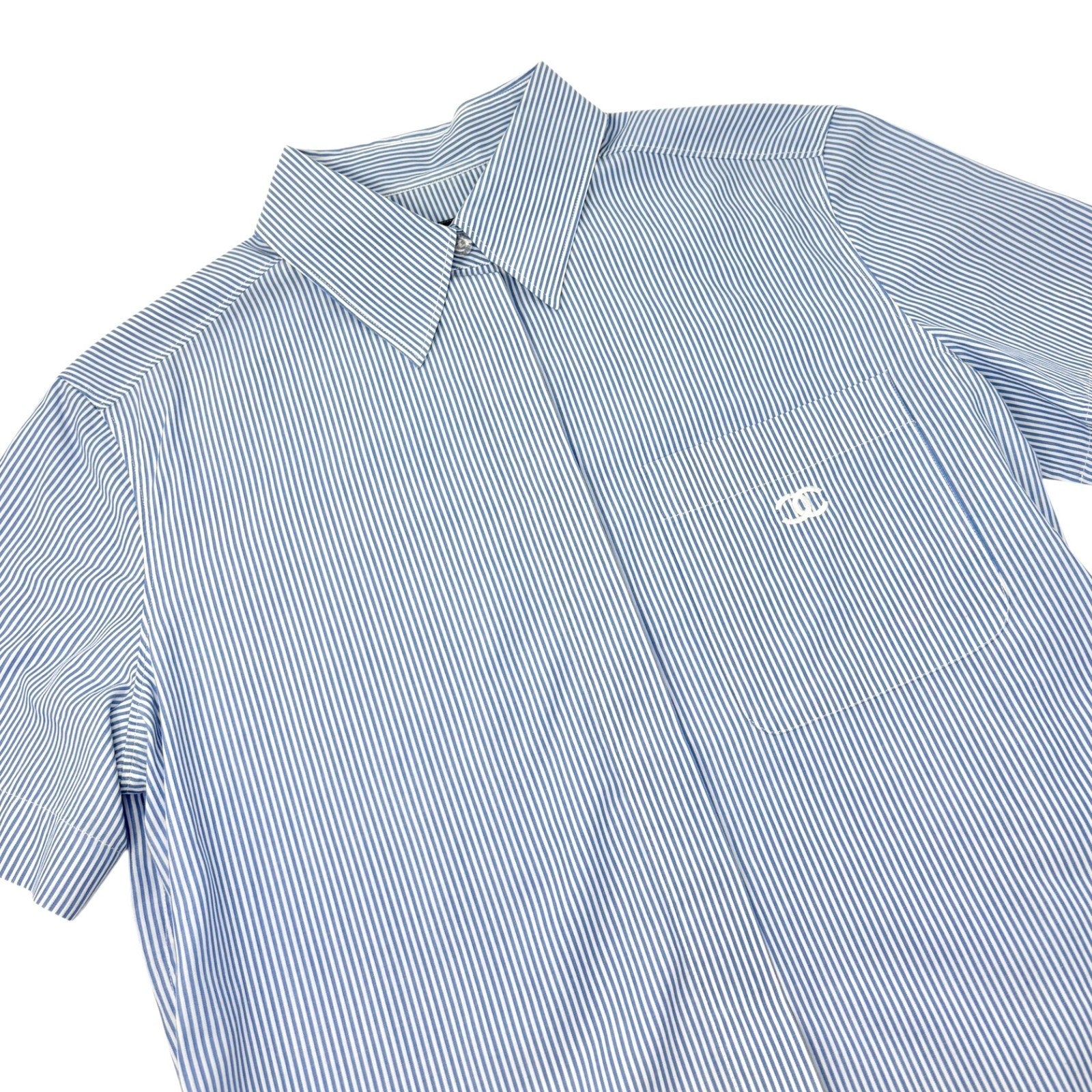 CHANEL Vintage 99P CC Logo Shirt Top #40 Button Up Stripe Blue Short Sleeve
