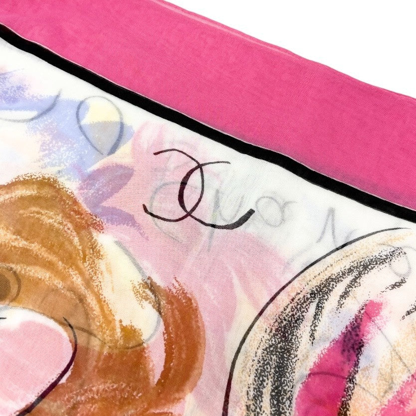 CHANEL Vintage CC Logo Big Scarf Wrap Pareo Iconic Pink Multicolor Cotton Paris