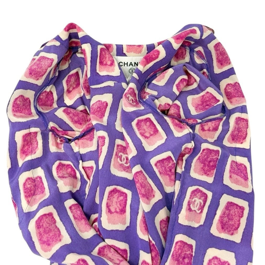 CHANEL Vintage 01P CC Mark Logo Shirt Zip Poket #36 Purple Pink Silk