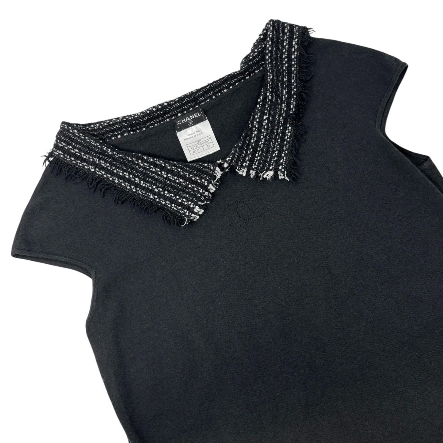 CHANEL Vintage 05P CC Logo Knit Top Pullover #44 Black Short Sleeve Tweed