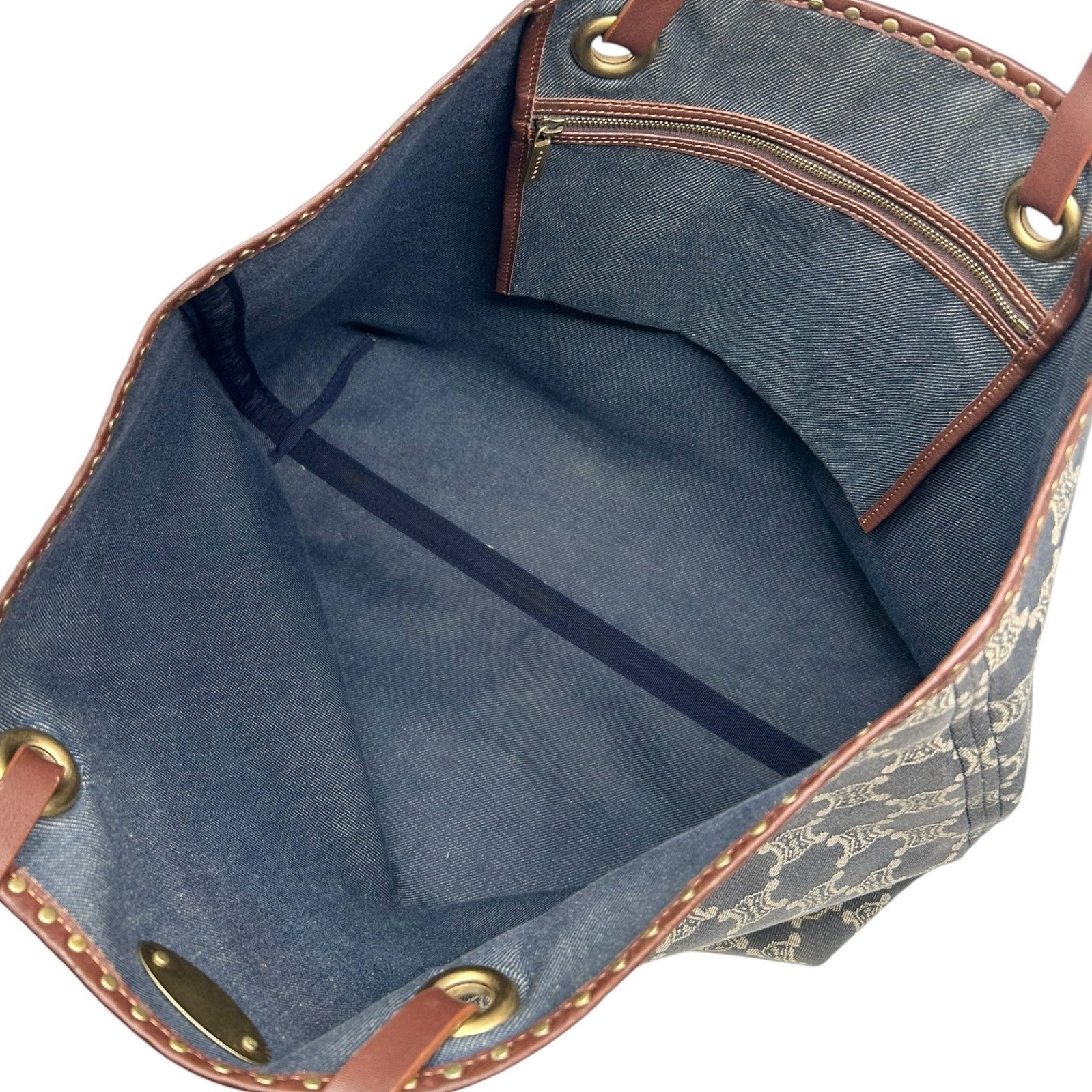 CELINE Vintage Macadam Monogram Logo Denim Tote Bag Blue Gold Cotton Leather