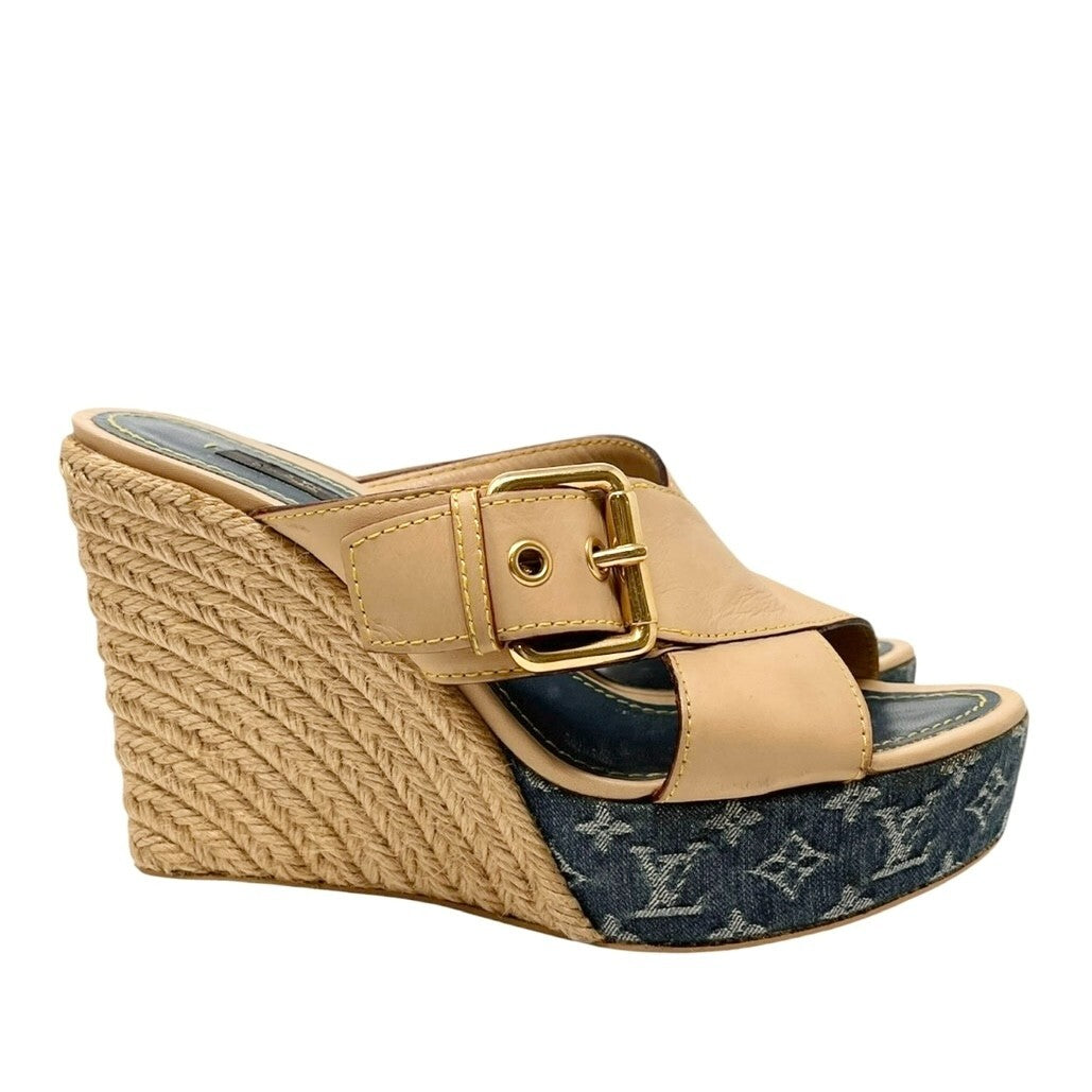 LOUIS VUITTON Vintage LV Logo Monogram Sandals #36-36.5 Beige Blue Leather Belt