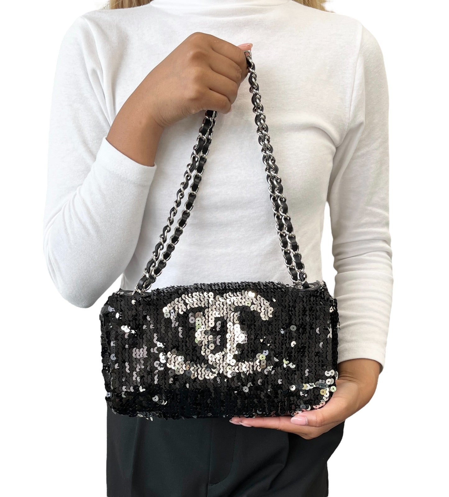 CHANEL Vintage CC Logo Sequins Chain Shoulder Bag Black Silver Leather 902259