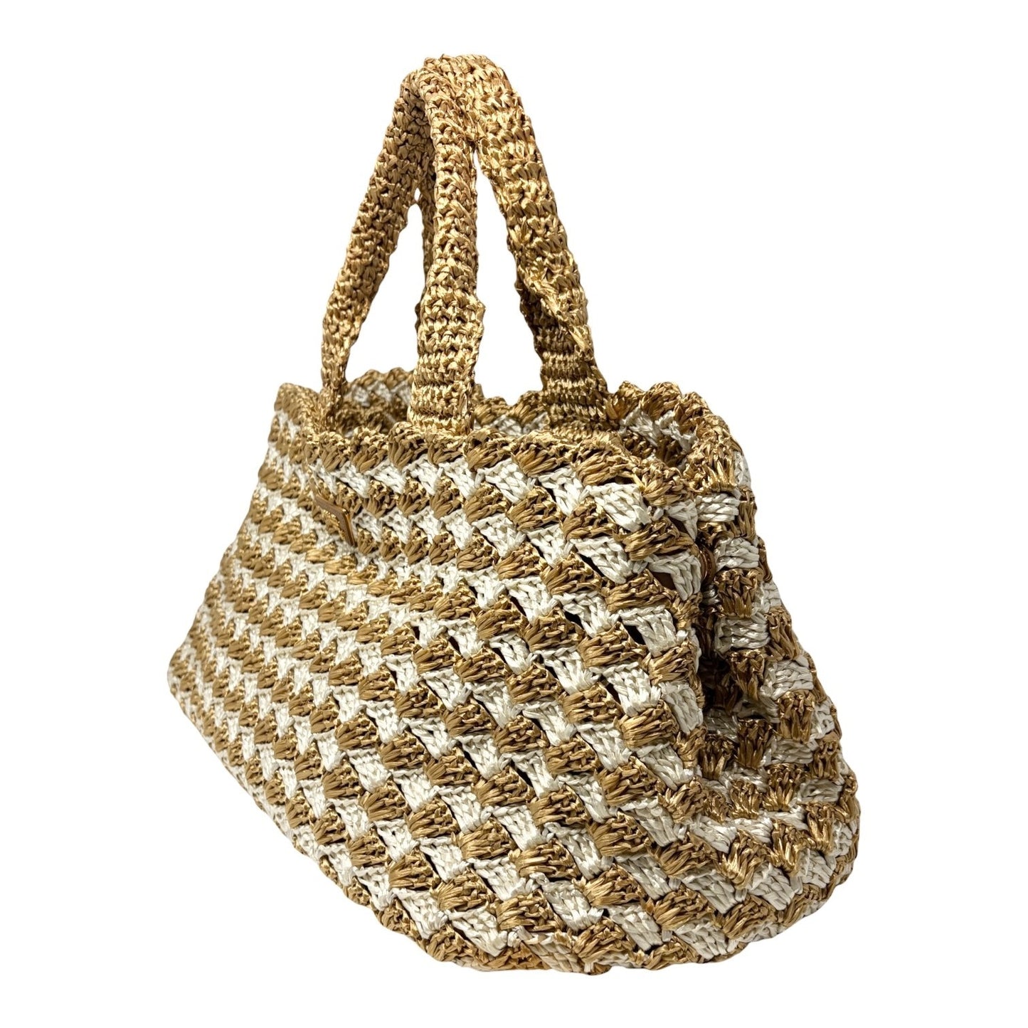PRADA Vintage Triangle Logo Raffia Canapa Tote Bag Beige White Crochet