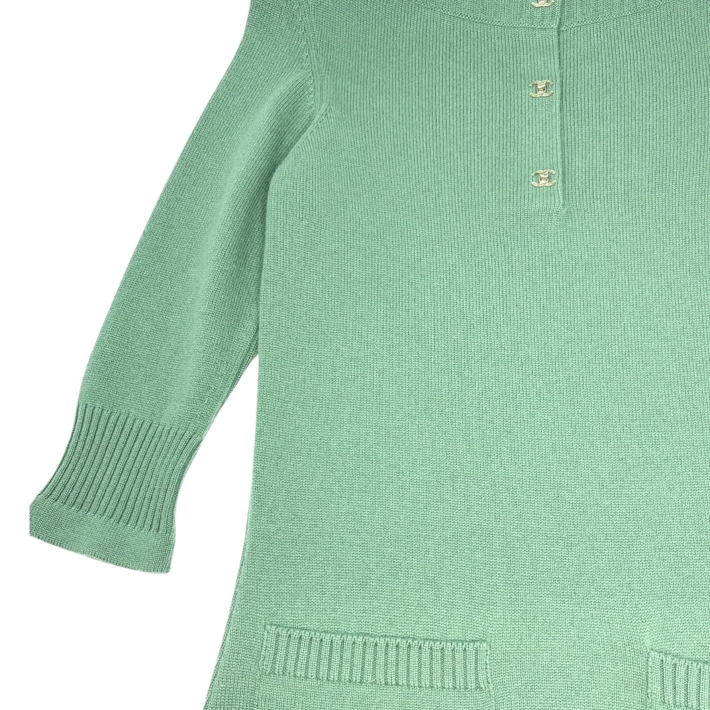 CHANEL Vintage P44445 CC Logo Turnlock Cashmere Knit Sweater Dress #38 Green