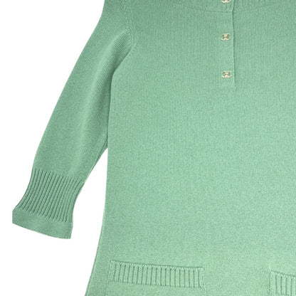 CHANEL Vintage P44445 CC Logo Turnlock Cashmere Knit Sweater Dress #38 Green