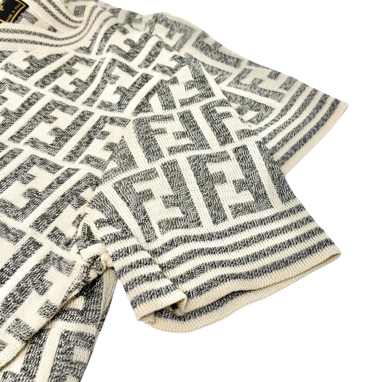 FENDI Vintage Zucca Monogram Short Sleeve Sweater Knit Top Cotton Gray Cream