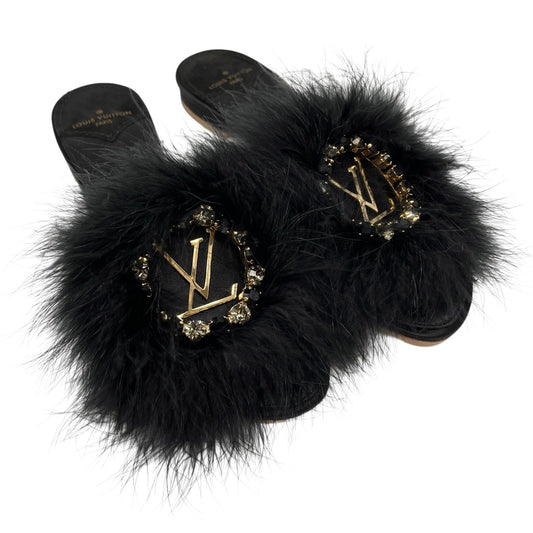 LOUIS VUITTON LV Bijou Logo Fur Flat Sandals #36 Rhinestone Black Gold Satin
