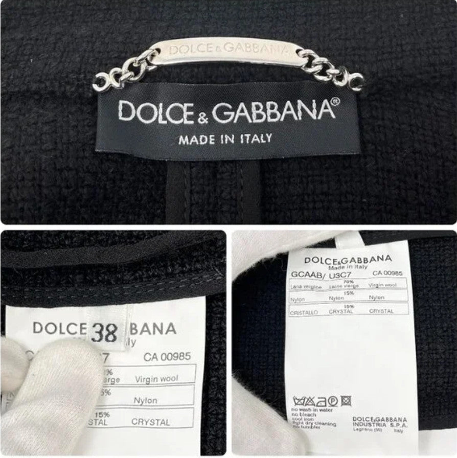 DOLCE&GABBANA Vintage Logo Rhinestone Jacket Top #38 Black Silver Wool