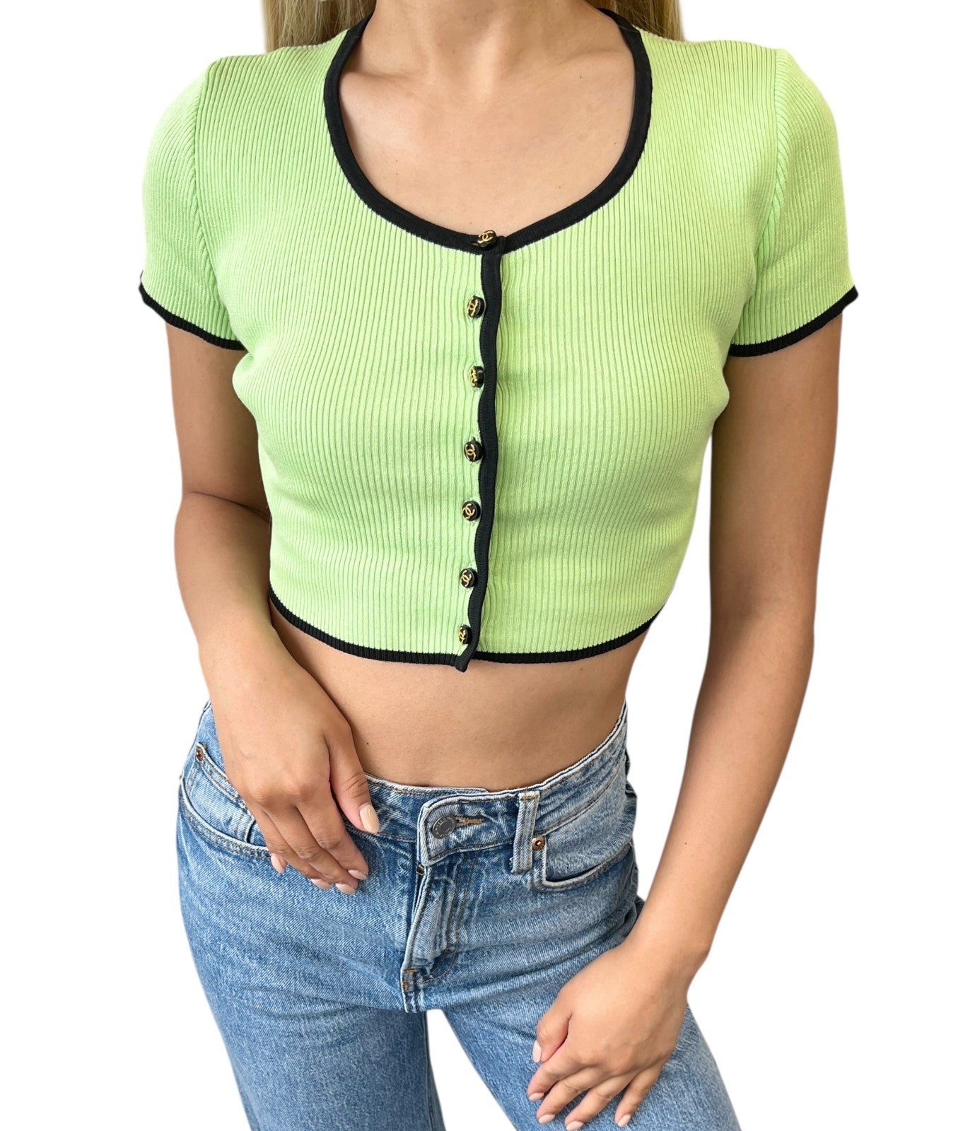 CHANEL Vintage 95P CC Logo Button Knit Cropped Ribbed T-shirt #38 Green Cotton
