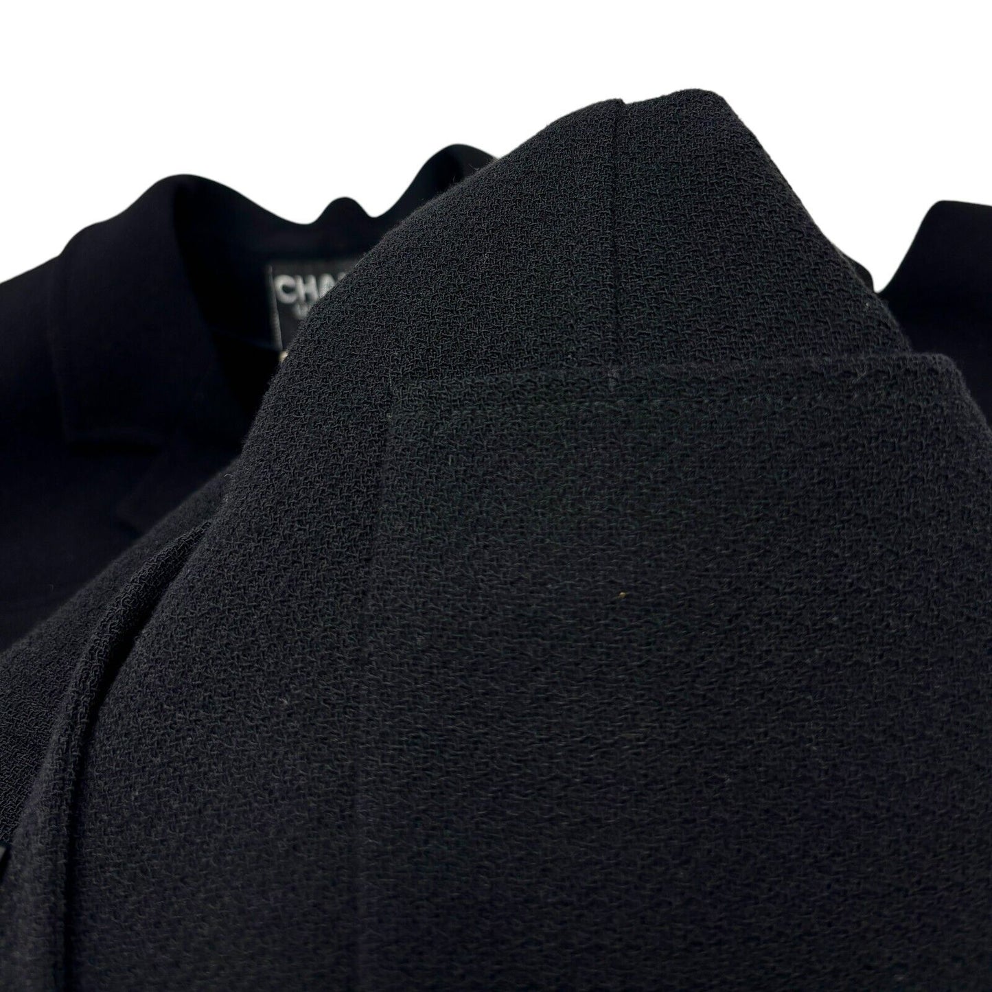 CHANEL Vintage CC Logo Button Long Jacket Top Black Gold Wool Pocket Collar