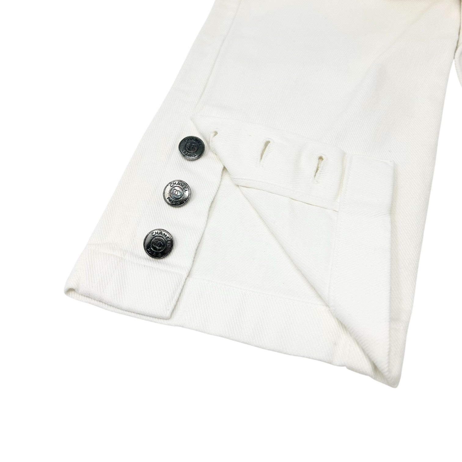 CHANEL Vintage 97C CC Logo Denim Pants #38 White Silver Cotton Stitch Pocket