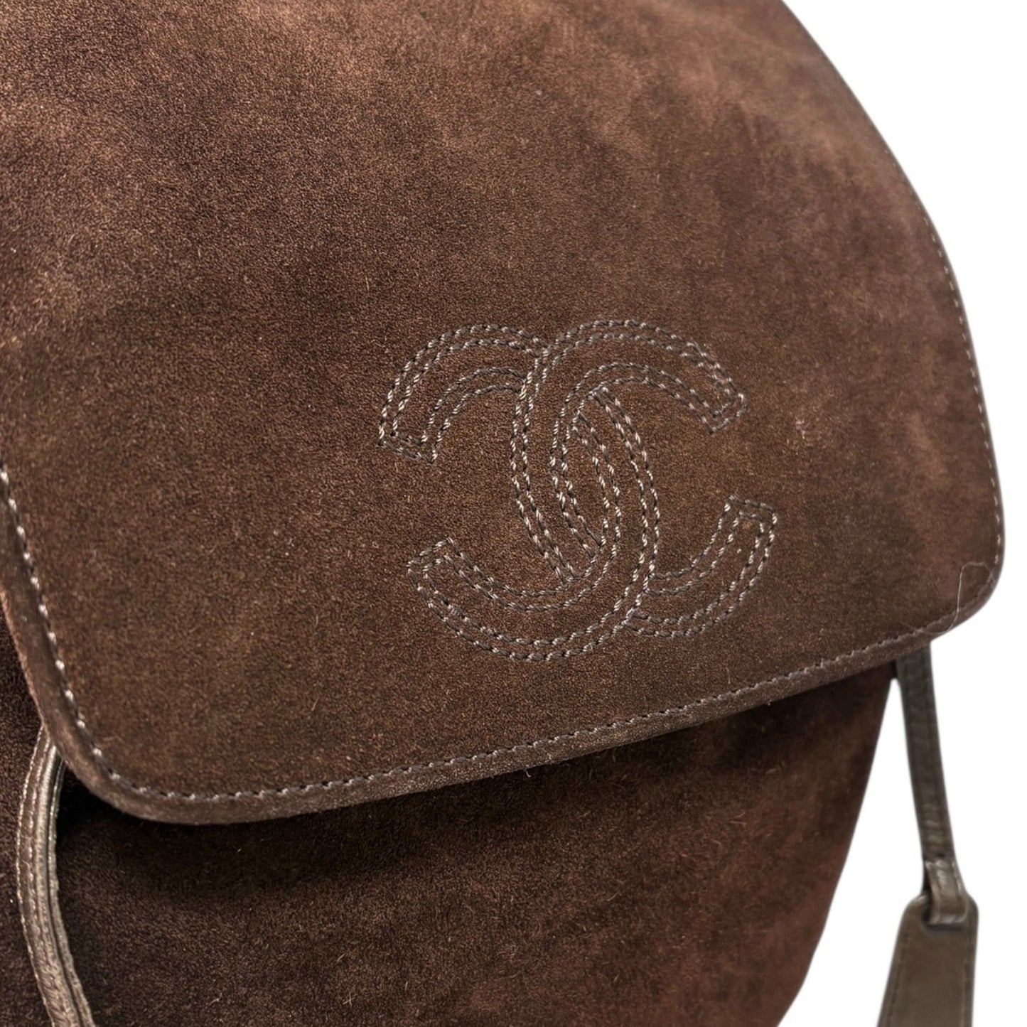 CHANEL Vintage CC Logo Suede Drawstring Flap Backpack Bag Stitch Brown Gold