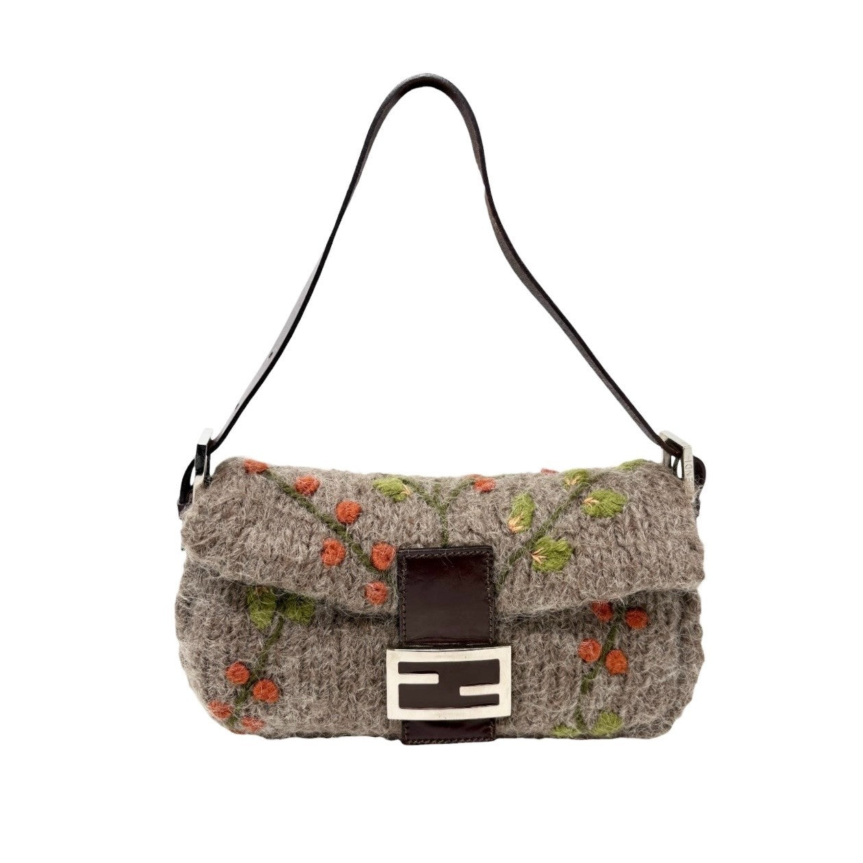 FENDI Vintage FF Mamma Baguette Wool Knit Shoulder Bag Gray Brown Flower